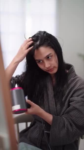 Asian Woman Blow Drying Her Hair Front Large Mirror Washing — Vídeos de Stock