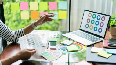 Proje tasarımı için dizüstü bilgisayarda renk örnekleri tutan ve karşılaştıran yaratıcı grafik tasarımcısı.