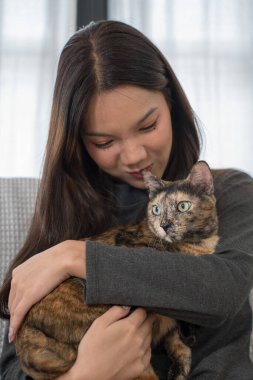  Kadın kanepenin yanında diz çökmüş, kanepede oturan kaplumbağa kabuğuyla şakalaşıyor. Oturma odası çok sıcak.