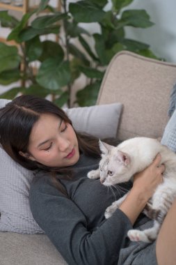 Beyaz kedisi bacaklarının üzerinde dinlenirken kanepeye yaslanan bir kadın. Ortam rahat ve rahat.
