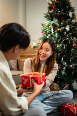 Genç bir adam, Noel ağacının yanında oturan gülümseyen bir kadına sarılı bir hediye veriyor. Şenlikli süslemeler ve tatil neşesi sıcacık odayı dolduruyor..