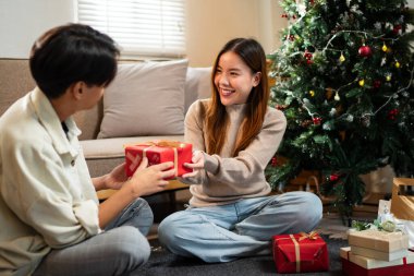 Genç bir adam, Noel ağacının yanında oturan gülümseyen bir kadına sarılı bir hediye veriyor. Şenlikli süslemeler ve tatil neşesi sıcacık odayı dolduruyor..