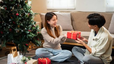 Genç bir adam, Noel ağacının yanında oturan gülümseyen bir kadına sarılı bir hediye veriyor. Şenlikli süslemeler ve tatil neşesi sıcacık odayı dolduruyor..