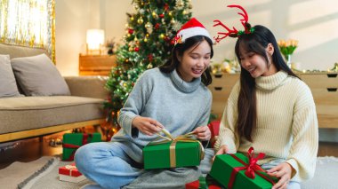 Güzel dekore edilmiş bir Noel ağacının yanında oturmuş çeşitli hediyelerle birlikte neşeli bir bayram anı paylaşıyorlar..