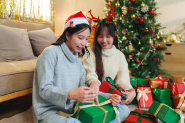 Güzel dekore edilmiş bir Noel ağacının yanında oturmuş çeşitli hediyelerle birlikte neşeli bir bayram anı paylaşıyorlar..