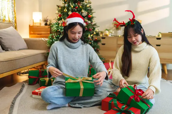 Güzel dekore edilmiş bir Noel ağacının yanında oturmuş çeşitli hediyelerle birlikte neşeli bir bayram anı paylaşıyorlar..