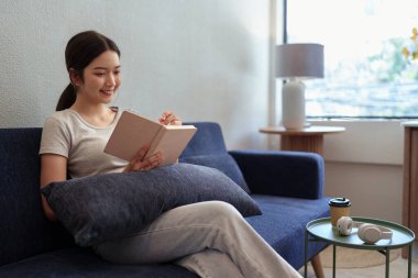 Sakin bir genç kadın rahat bir yuva ortamında kanepede oturup günlüğünü yazıyor.