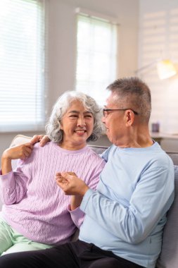 Bu resim, Asyalı yaşlı bir çiftin evde kaliteli zaman geçirmesini gösteriyor. Kanepede dinleniyorlar. Konuşuyorlar ve aşkla kaynaşıyorlar..