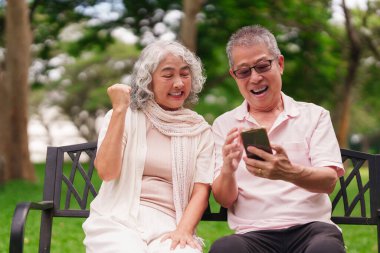 Zeki telefonlardan heyecanlanan yaşlı Asyalı çift park bankında oturmuş modern teknoloji keyfi yapıyor emeklilik bağlantıları gelecekte dışarıda başarılı olacak.