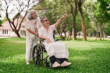 Mutlu Asyalı yaşlı çift parkın keyfini çıkarıyor. Kadın koca tekerlekli sandalyesini itiyor. İleride gülümsüyorlar. Açık havada aktif emekli yaşam tarzı..