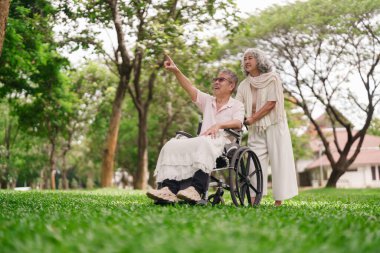 Mutlu Asyalı çift, park yerinde dinleniyor. Tekerlekli sandalyedeki adam önde. Kadın sevgi dolu bir bakım ve açık yeşil doğa desteği sağlıyor.