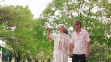 Mutlu Asyalı yaşlılar birlikte parkta el ele yürürler. Emekliliğin tadını çıkarırlar. Aşk anı.