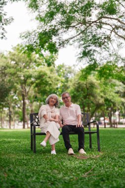 Asyalı son sınıf çifti mutlu bir rahatlama parkı bankı. Gülümseyen yaşlı kadın emeklilik sırasında doğanın tadını çıkarıyor..