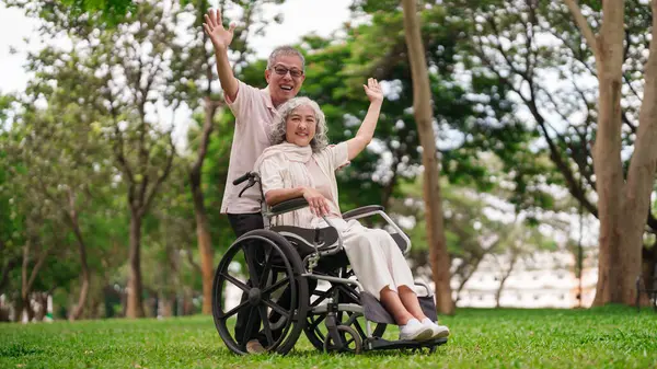 Mutlu Asyalı yaşlı çift parkta eğleniyor. Tekerlekli sandalyedeki kadını iten adam sağlıklı yaşam tarzını kutluyor.