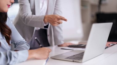 Profesyonel Asyalı kadınlar proje detaylarını dizüstü bilgisayarda tartışırken, takım çalışması ve akıl hocalığı açıkça görülüyor.