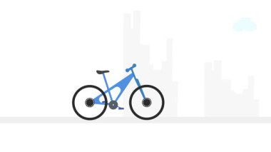 Temiz ve en az 2B düz stil bir animasyon mavi bir bisikletin şehir manzarasında sürüşü. Animasyon kusursuz ve döngüye hazır, açıklayıcı videolar, çevre dostu sunumlar, hareketli grafik projeler veya kentsel yaşam tarzı içeriği için mükemmel.   