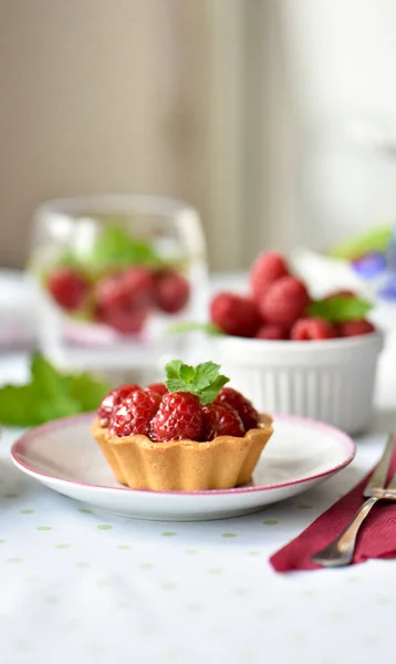 Mini Tarts Raspberries Served Tea Table — Stock Photo, Image