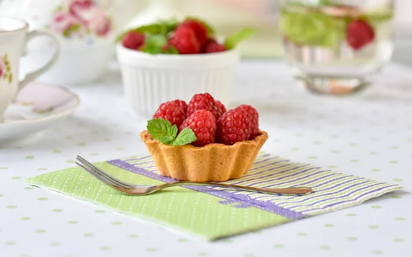 Cup Tea Cupcakes Mini Tarts Raspberries Table Stock Picture