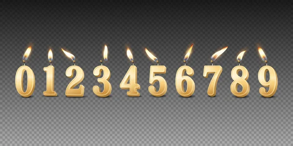 Vector Parafina Realista Cera Ardiendo Oro Cumpleaños Fiesta Velas Números — Vector de stock