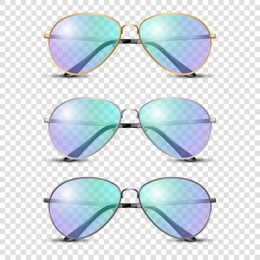 Vektör 3d Gerçekçi Yuvarlak Çerçeve Gözlükleri Mavi ve Mor Şeffaf Gözlüklü, Kadın ve Erkekler İçin Şeffaf Güneş Gözlüğü, Aksesuar. Optik, Lens, Vintage, Moda Gözlüğü. Ön Görünüm.