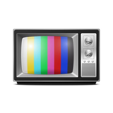 Vektör 3d Gerçekçi Retro Çizgili Ekran TV Alıcısı Beyaz Arkaplanda izole edildi. Ev Tasarımı Konsepti. Klasik TV Seti, Televizyon, Ön Görünüm.