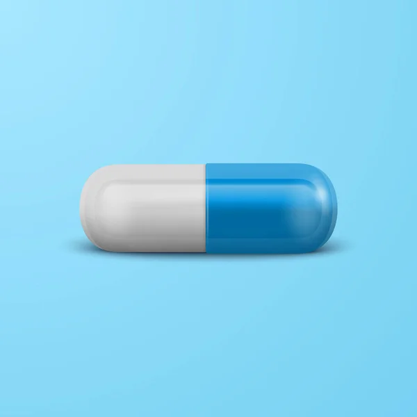 Vettore Realistica Pillola Medica Farmaceutica Blu Bianca Capsula Compressa Sfondo — Vettoriale Stock