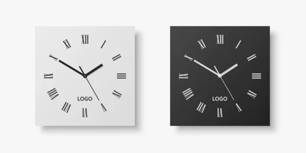 Vector Realistic White Black Square Wall Office Clock Set Design — Archivo Imágenes Vectoriales