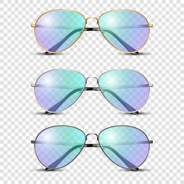 Vector Realista Redondo Quadro Óculos Conjunto Com Azul Roxo Transparente — Vetor de Stock