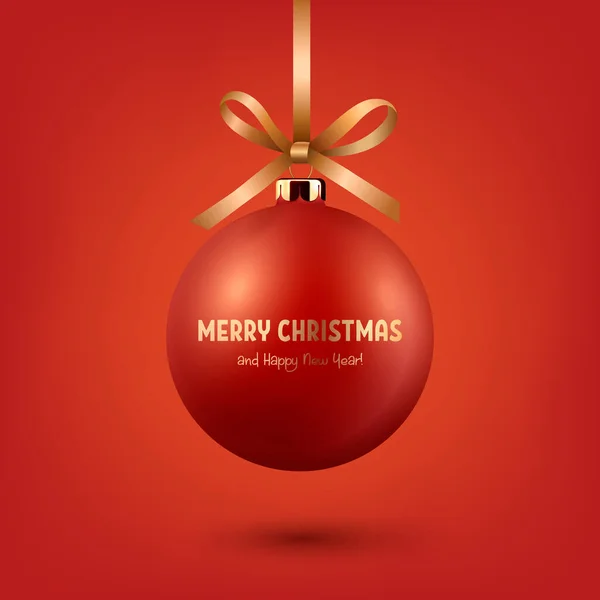 ベクトル現実的な3次元赤の上に隔離された黄金の絹の弓の閉鎖とクリスマスのガラスのボール Xmasのデザインテンプレートとモックアップのための新年の木のおもちゃの装飾ボール フロントビュー — ストックベクタ