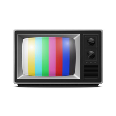 Vektör 3d Gerçekçi Retro Çizgili Ekran TV Alıcısı Beyaz Arkaplanda izole edildi. Ev Tasarımı Konsepti. Klasik TV Seti, Televizyon, Ön Görünüm.