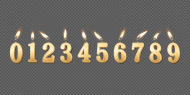 Vektör 3d Gerçekçi Parafin veya Balmumu Yanan Altın Doğum Günü Partisi Mumları, Numaralar ve Bir Mum Simgesi Farklı Alevler İzole Edildi. Tasarım Şablonu, Clipart, Doğum Günü Konsepti. Üst Görünüm.