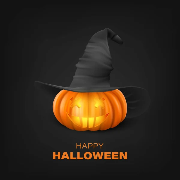 Calabaza Halloween Vectorial Con Sombrero Bruja Sobre Fondo Negro Lindo — Archivo Imágenes Vectoriales