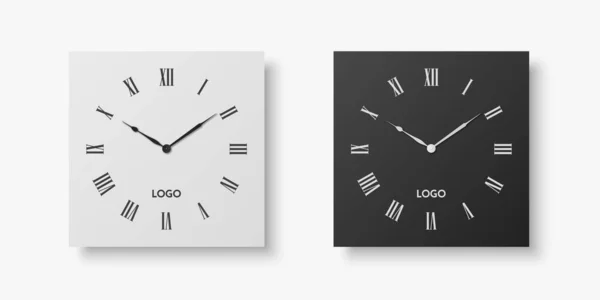 Vector Realistic White Black Square Wall Office Clock Set Design — Stockvektor