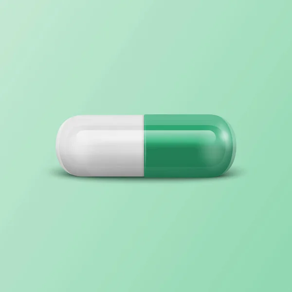 ベクトル3Dリアルなグリーン医薬品薬薬薬薬 カプセル 緑の背景にタブレット フロントビュー コピースペース 漢方薬の概念 — ストックベクタ