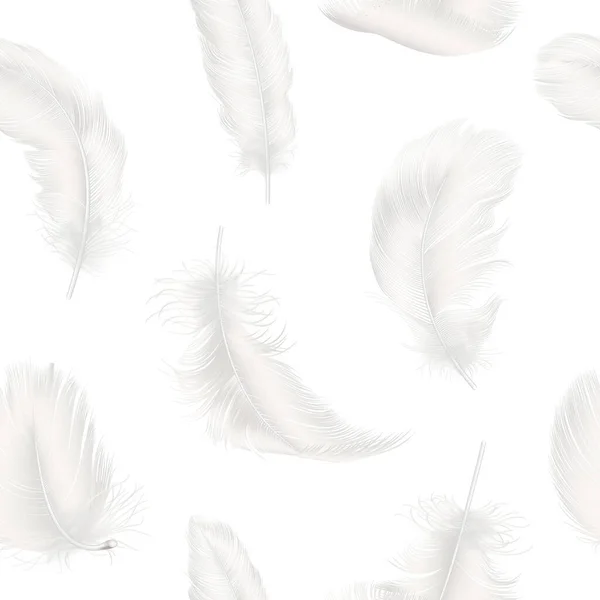 3Dリアルな落下白いふわふわの羽を持つベクトルシームレスなパターン白の背景に閉じます デザインテンプレート 鳥の詳細な羽 軽さと自由の概念 — ストックベクタ