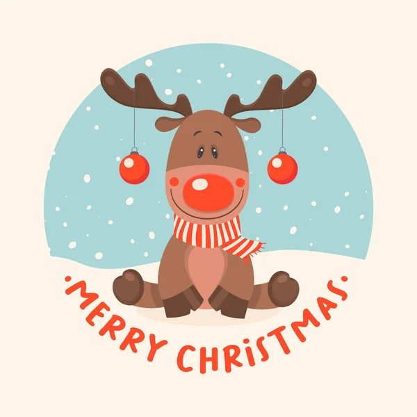 stock vector Vector Cute and Funny Reindeer with Scarf and Christmas Balls on Horns. Cartoon Christmas Deer for Christmas, New Year 2023 Greeting Card, Poster, T-shirt Print.