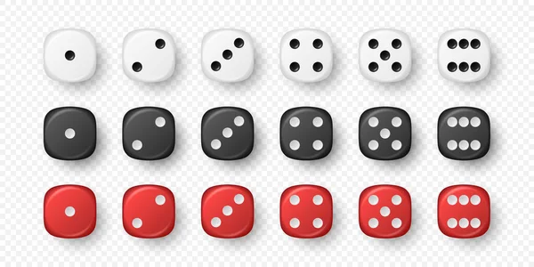 ベクトル3Dリアルなホワイト ブラック レッドゲームダイスアイコンセット閉じます ギャンブル カジノのダイスのためのゲームキューブ1から6ドット ラウンドエッジ — ストックベクタ