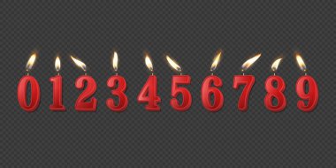 Vektör 3d Gerçekçi Parafin ya da Kızıl Doğum Günü Partisi Mumları, Numaralar ve Mum Simgesi Farklı Alevler İzole Edildi. Tasarım Şablonu, Clipart, Doğum Günü Konsepti. Üst Görünüm.