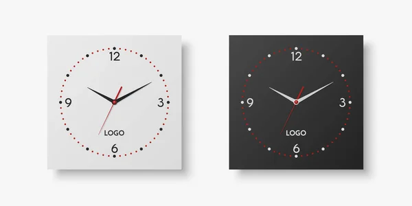 Vector Realistic White Black Square Wall Office Clock Set Design —  Vetores de Stock