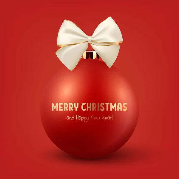 ベクトル現実的な3次元赤の上に隔離された白と金のシルクの弓の閉鎖とクリスマスのガラスのボール Xmasのデザインテンプレートとモックアップのための新年の木のおもちゃの装飾ボール フロントビュー — ストックベクタ