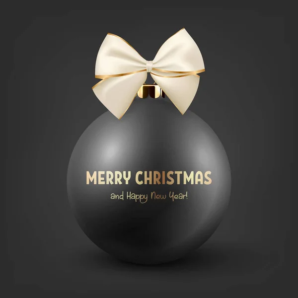 白と金のシルクの弓の閉鎖黒の背景に隔離されたベクトル現実的な3Dブラッククリスマスグラスボール Xmasのデザインテンプレートとモックアップのための新年の木のおもちゃの装飾ボール フロントビュー — ストックベクタ