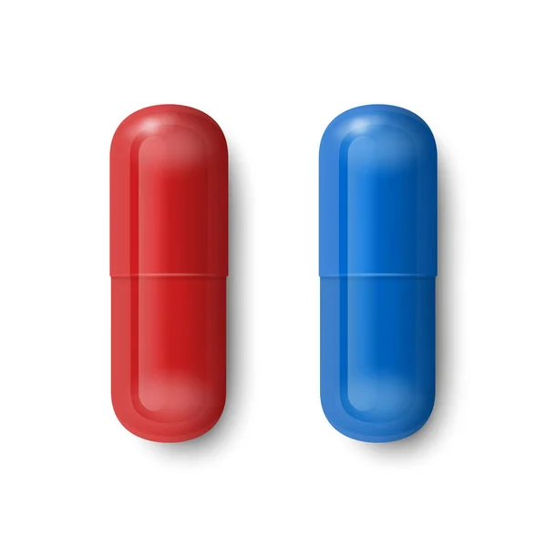 Píldora Médica Farmacéutica Roja Azul Realista Del Vector Cápsula Aislamiento — Vector de stock