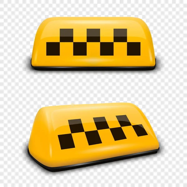 ベクトル3Dリアルなタクシー車の屋根のサインアイコンセットを閉じます 黄色のフランス語のタクシーサイン タクシーサービスのためのデザインテンプレート モックアップ 正面ハーフターンビュー — ストックベクタ