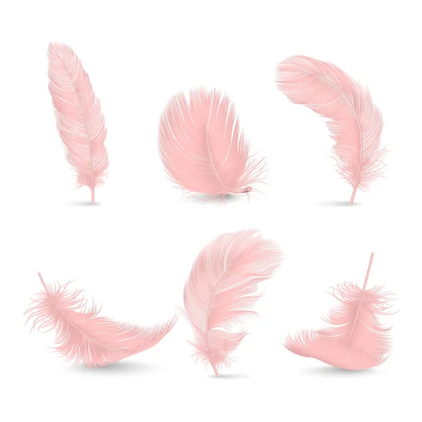 ベクトル3Dリアルなピンクのふわふわの羽セット白い背景に隔離されています フラミンゴ エンジェル 鳥の詳細な羽のデザインテンプレート 明るさ 自由の概念 — ストックベクタ