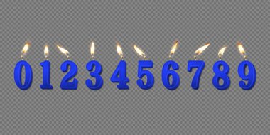 Vektör 3d Gerçekçi Parafin veya Mum Yanan Mavi Doğum Günü Partisi Mumları, Numaralar ve Bir Mum Simgesi Farklı Alevler İzole Edildi. Tasarım Şablonu, Clipart, Doğum Günü Konsepti. Üst Görünüm.