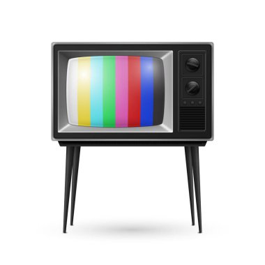 Vektör 3d Gerçekçi Retro Çizgili Ekran TV Alıcısı Beyaz Arkaplanda izole edildi. Ev Tasarımı Konsepti. Klasik TV Seti, Televizyon, Ön Görünüm.