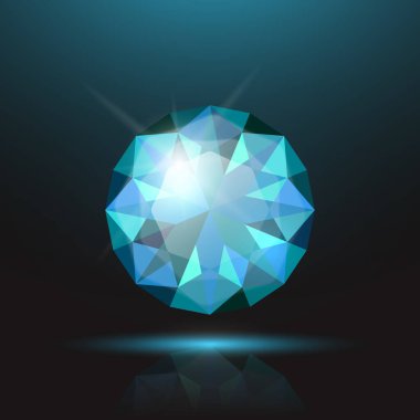 Vektör 3d Gerçekçi Mavi Şeffaf Yuvarlak Gemstone, Elmas, Kristal, Yapay Elmas Kapanışı Siyah Arkaplan. Mücevher konsepti. Tasarım Şablonu, Banner.