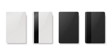 Vector White and Black Gift Card, Sertifika, Misafir Odası, Plastik Otel Apartman Kartı, Kimlik Kartı, Satış, Kredi Kartı Tasarım Şablonu, Mockup, Marka. Üst Görünüm - Ön, Arka, Manyetik Şerit