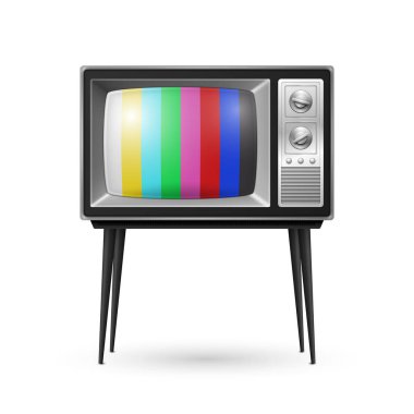 Vektör 3d Gerçekçi Retro Çizgili Ekran TV Alıcısı Beyaz Arkaplanda izole edildi. Ev Tasarımı Konsepti. Klasik TV Seti, Televizyon, Ön Görünüm.