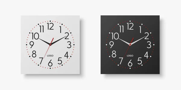 Vector Realistic White Black Square Wall Office Clock Set Design — Stok Vektör